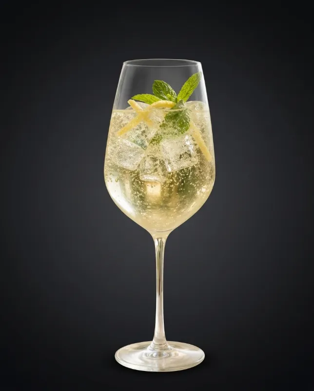 Holunderblüten-Spritz im Weinglas mit Eis und frischer Minze