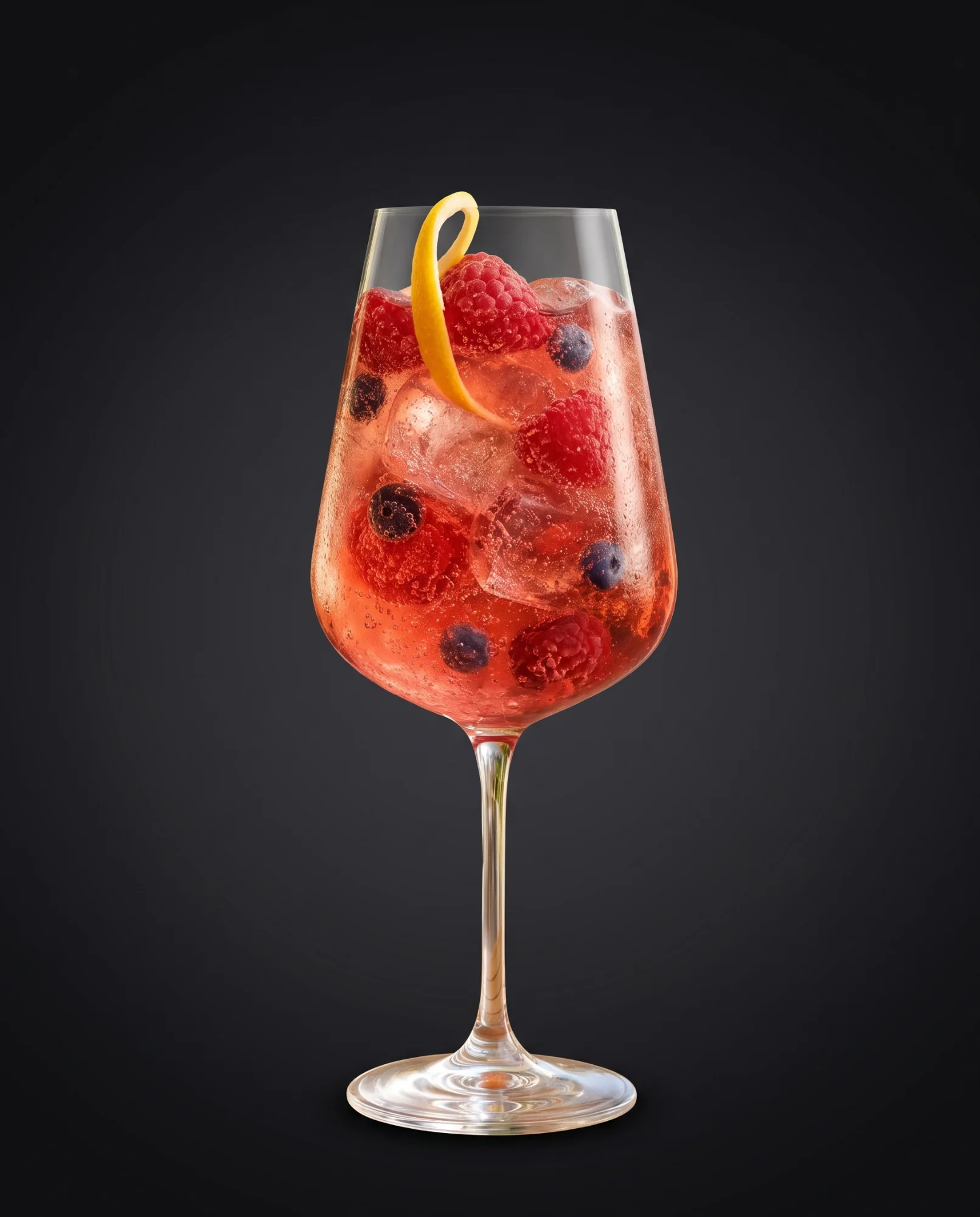 Berry Bomb Spritz Light im Weinglas mit tiefroten Beeren und Eis