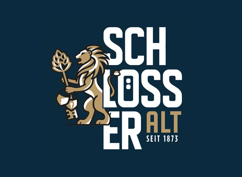 Schlösser Alt Logo mit Löwen auf blauem Hintergrund – Altbier vom Fass