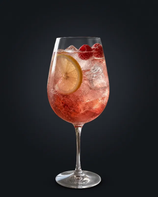 Skiwasser Alm-Spritz im Weinglas mit Zitronenscheibe und roten Beeren