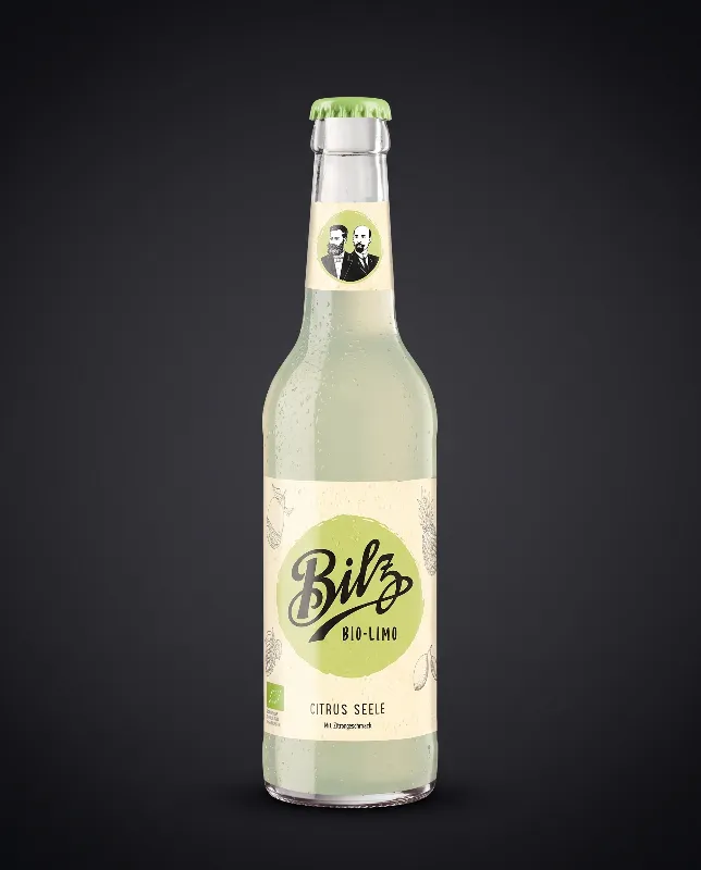 Flasche Bilz Bio-Limo Citrus Seele mit hellgrünem Getränk und hellem Etikett