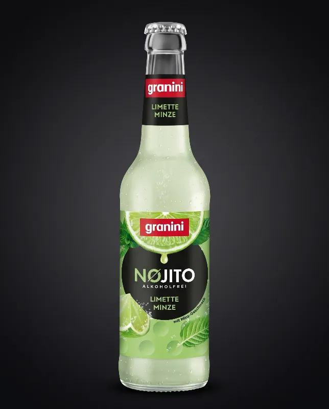 Flasche Granini NoJito mit grünem Getränk und Limette, alkoholfreier Mojito