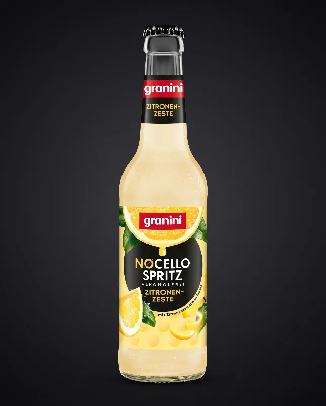 Flasche Granini NoCello Spritz mit hellgelbem Getränk vor dunklem Hintergrund