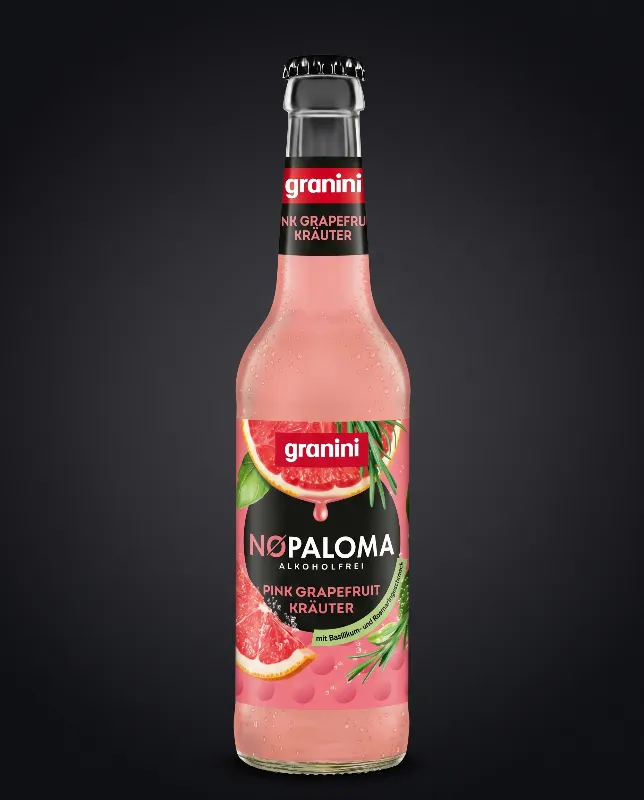 Flasche Granini NoPaloma mit rosa Getränk vor dunklem Hintergrund