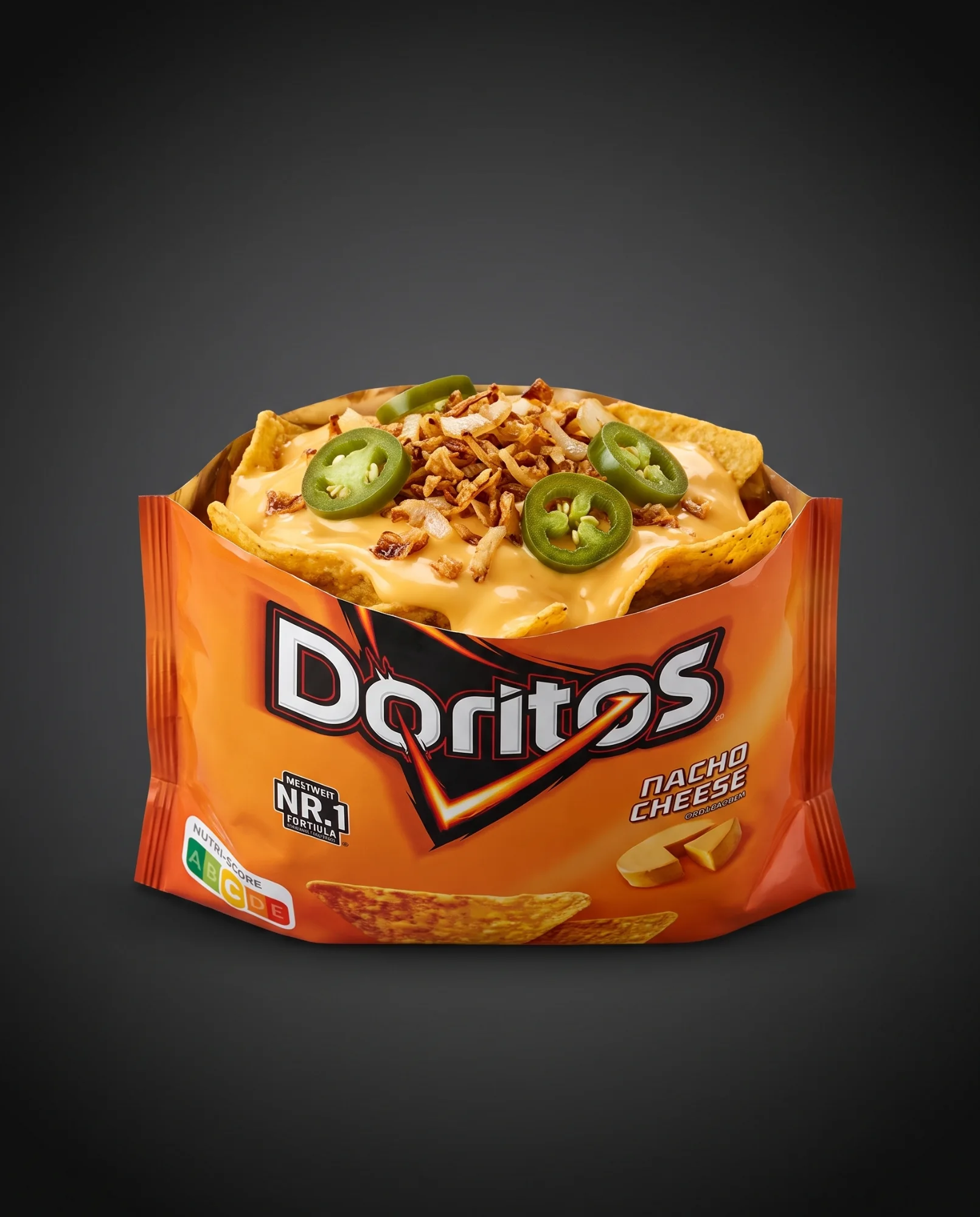 Aufgerissene Doritos-Tüte, gefüllt mit Nachos, Käsesoße, Röstzwiebeln und Jalapeños