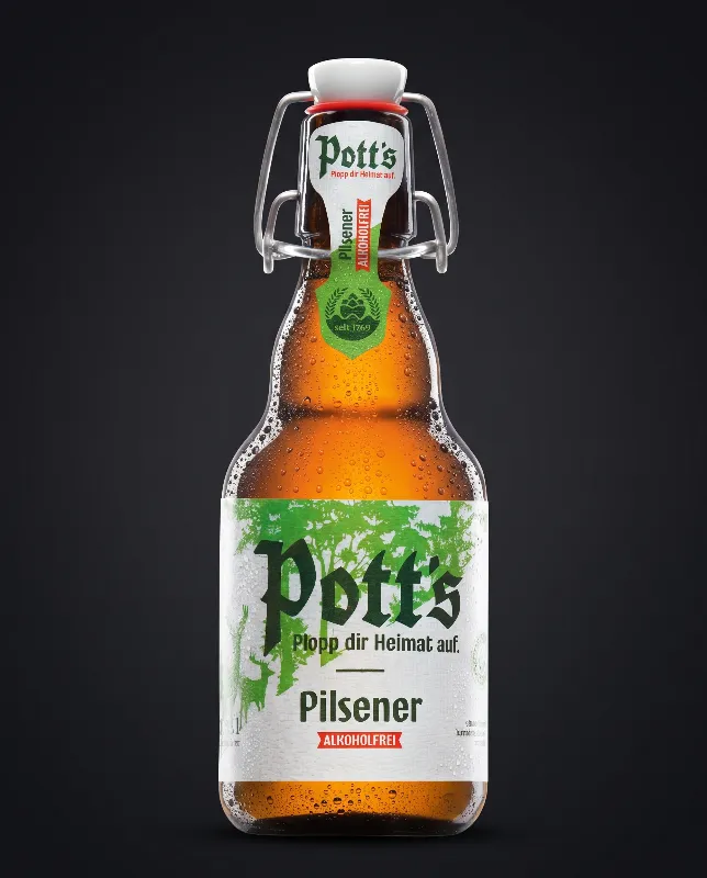 Flasche Pott’s Pilsener alkoholfrei mit grünem Etikett und Bügelverschluss