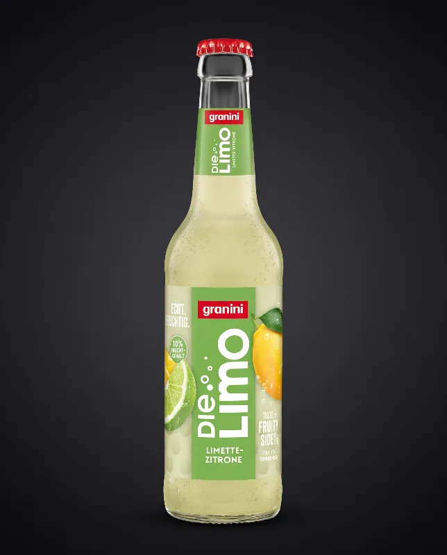 Flasche Granini Zitrone Limette mit hellgrünem Getränk vor dunklem Hintergrund